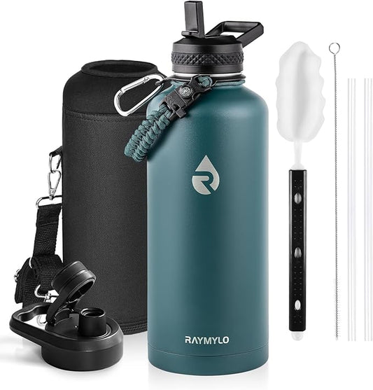 Insulated Water Bottle 87 oz, Triple Wall Vacuum Stainless Steel (Cold for 48 Hrs), Leak Proof & Non-BPA, Modern Water Flask Jug with Paracord Handle & Straw Spout Lids, Dark Green-FlexoryFit