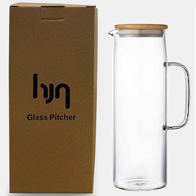 hjn Glass Pitcher with Lid Glass Water Carafe with Handle, Fridge Water Jug Cold or Hot Beverages, Iced Tea, Milk, Juice 1500ml/51oz & bamboo lid