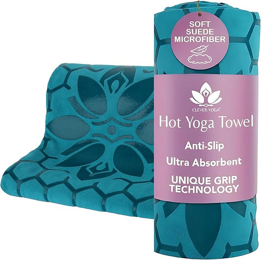 Clever Yoga Non-Slip Hot Yoga Towel – Non-Slip Grip for Hot Yoga, Sweat Absorbent, Honeycomb Silicone Grip, Stays Flat – Ideal for Pilates, Travel, Washable & Lightweight - Turquoise-FlexoryFit