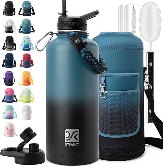 Insulated Water Bottle | Thickened Stainless Steel for Gym and Hiking with Straw, Carrier Bag, Handle Strap | BPA-Free 87 oz-FlexoryFit
