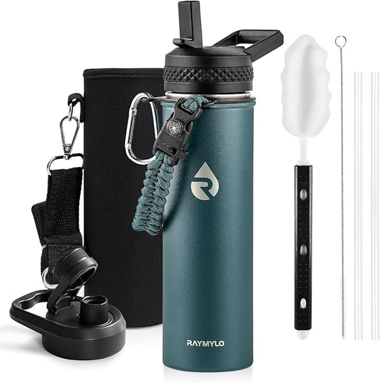 Insulated Water Bottle 20 oz, Triple Wall Vacuum Stainless Steel (Cold for 48 Hrs), Leak Proof & Non-BPA, Kids Water Bottle Jug for School with Straw Spout Lids, Dark Green-FlexoryFit