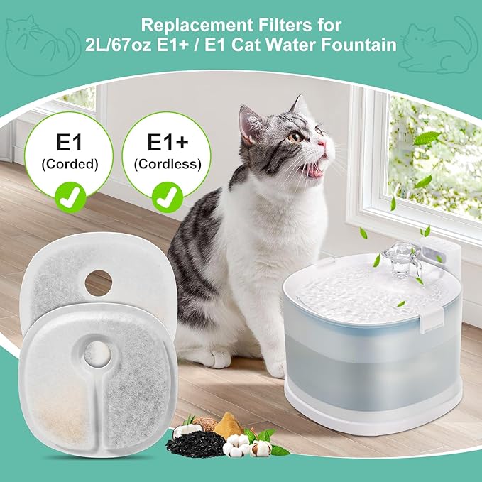 8 Pack Replacement Filters for 2L/67oz Pumpless Cat Water Fountain, BFLICROY Cat Water Fountain Filters, Multiple Filtration Pet Fountain Filter Replacement