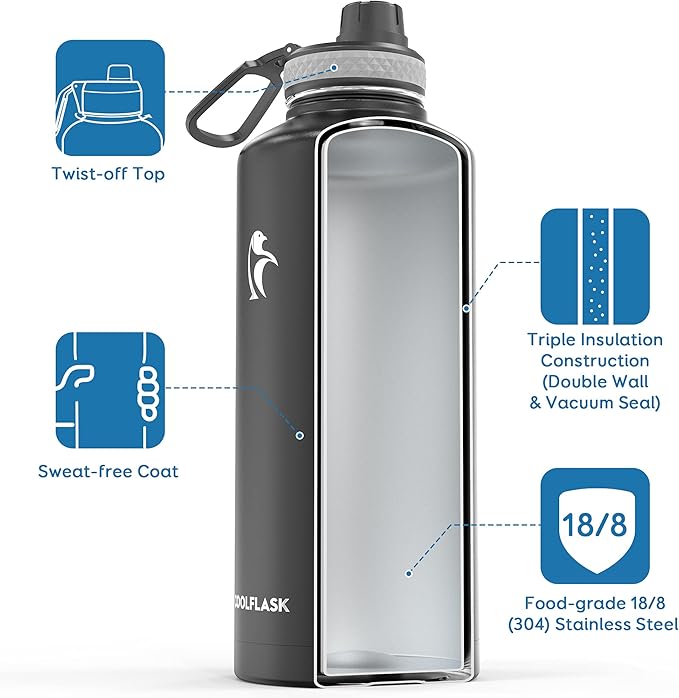 Insulated Water Bottle 87 oz with Straw, Coolflask 2/3 Gallon Stainless Steel Metal 3 Lids Large Water Jug for Sports or Office, Non-BPA Keep Cold Up to 48 Hrs or Hot Up to 24 Hrs, Magic Black-FlexoryFit