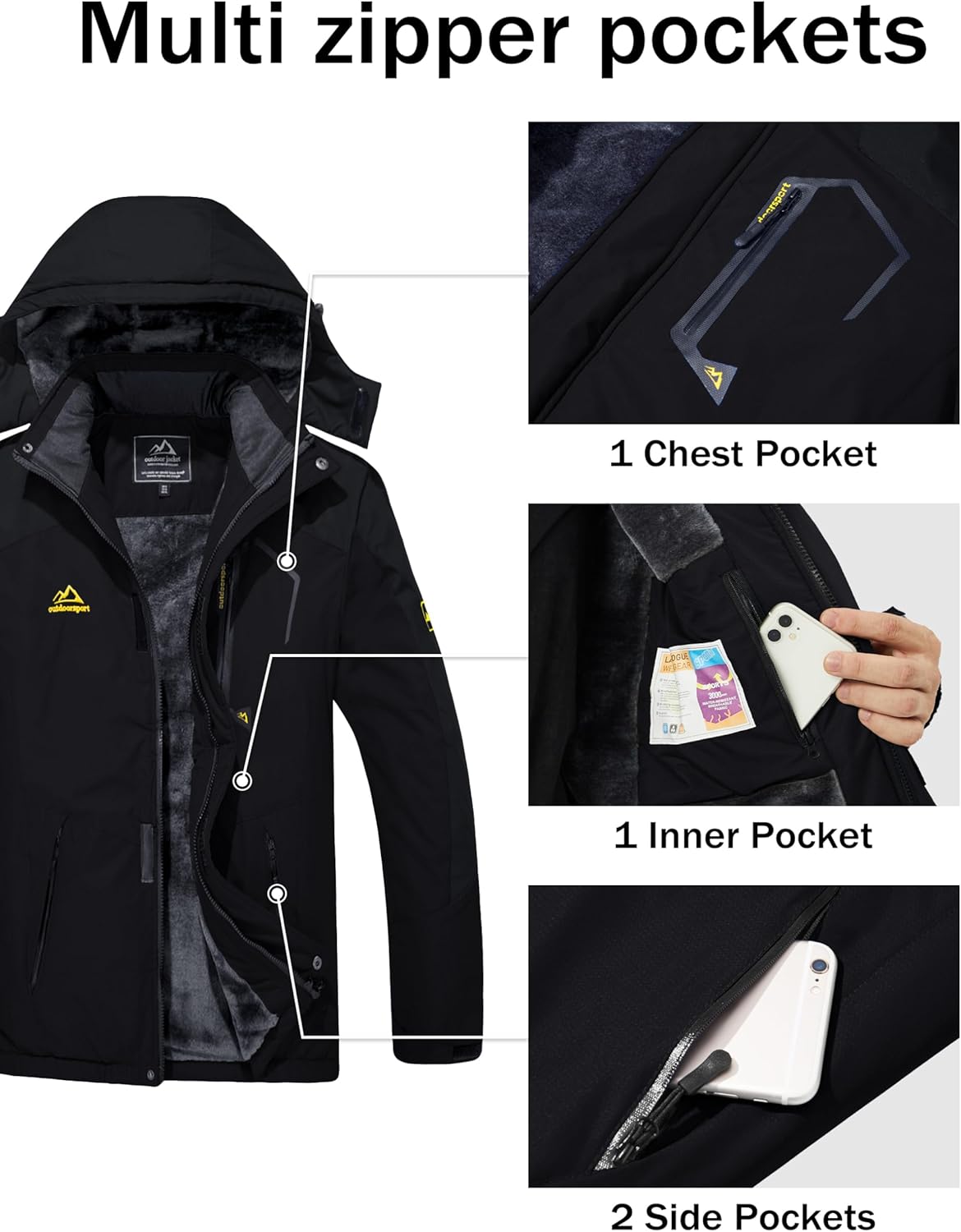 MAGCOMSEN Men's Winter Coats Water Resistant Ski Snow Jacket Warm Fleece Jacket Parka Raincoats With Multi-Pockets