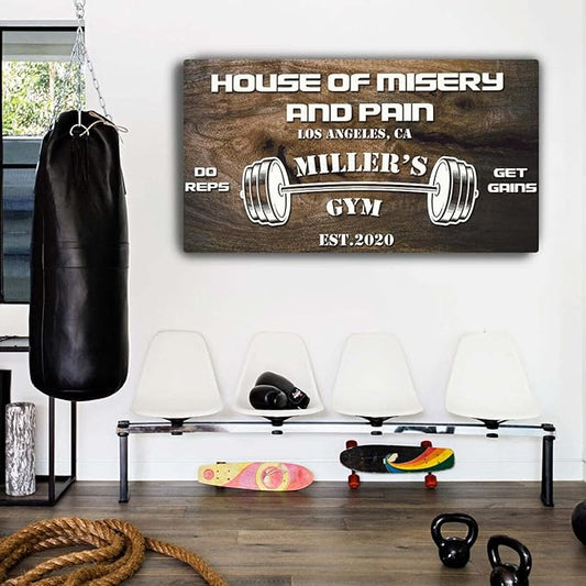 Tailored Canvases Personalized Gym Sign Wall Art Decor - Motivational Canvas for Home Gym, Workout Room, Garage, Fitness Center - Workout Inspirational Posters - House of Misery and Pain, Wooden 48x24in