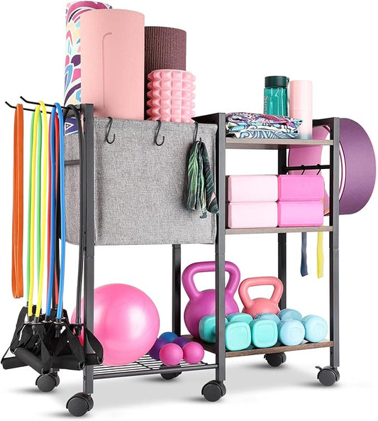 Yoga Mat Storage Rack Home Gym Equipment Organizer Holder for Foam Roller Dumbbells Kettlebells Resistance Bands and More Accessories Women Men Workout Organization with Hooks Wheels (Black)-FlexoryFit