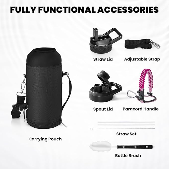 Insulated Water Bottle 32 oz, Triple Wall Vacuum Stainless Steel (Cold for 48 Hrs), Leak Proof & Non-BPA, Modern Water Flask Jug with Paracord Handle & Straw Spout Lids, Ombre Pink-FlexoryFit