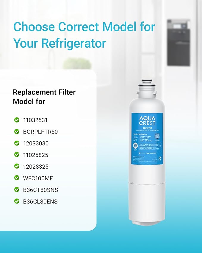 AQUA CREST 11032531 Replacement for Bosch® UltraClarity® Pro BORPLFTR50, 12033030 Refrigerator Water Filter, Compatible with 11025825, BORPLFTR55, B36CD50, B22CS50, B36FD50SNS, B36CT80SNS, 2 Pack