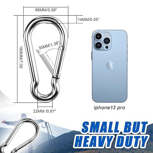 Large Carabiner Clip Hooks, 4pcs 7 inch Carabiners Heavy Duty, 304 Stainless Steel Spring Snap Hook Fits Camping Hanging Hiking Weight Lifting, Metal Clips for Rope or Chain