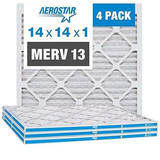 Aerostar 14x14x1 MERV 13 Air Filter, 4 Pack Set of HVAC Furnace Filters, Electrostatic MPR 1500-1900 & FPR 10 (Actual Size: 13 3/4 x 13 3/4 x 3/4 inches)