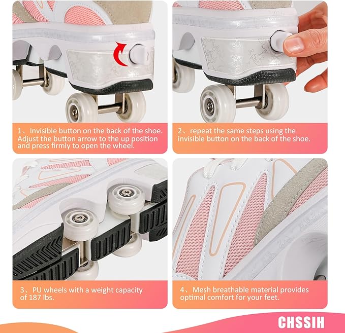 CHSSIH Roller Skate Shoes for Girls, Kids, Women, Men & Adults – Retractable Shoes with Wheels | Pop-Out High Roller Skating Shoes That Turn Into Sneaker Skates-FlexoryFit