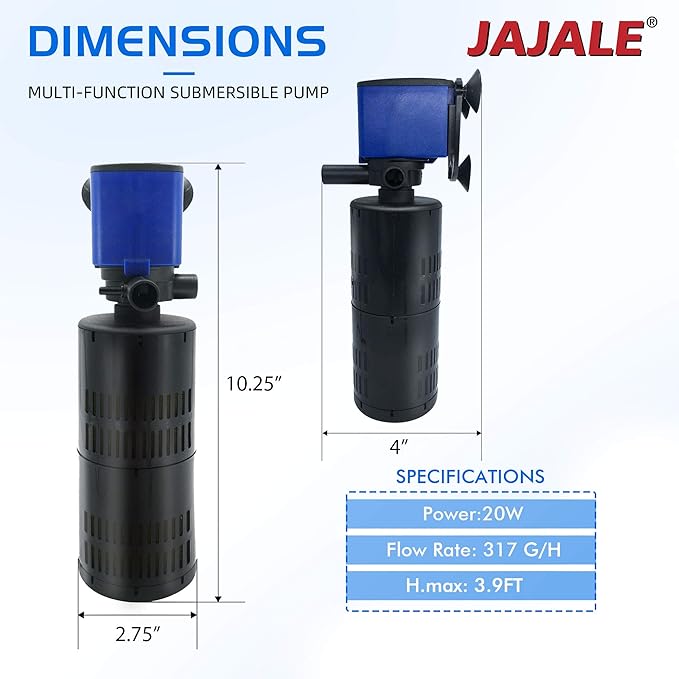 320 GPH Internal Filter Submersible Pump - 3 in 1 Aquarium Fish Tank Pump with Oxygenation, Filtration & Water Cycling, 3.9 ft max lift, 20W - 4 Pack