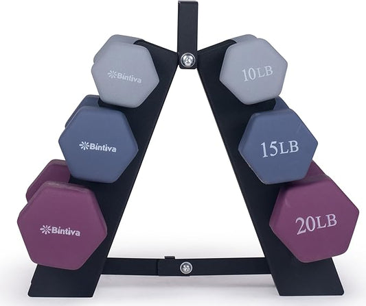 Dumbbell Set with Rack - Neoprene Coated Weights with Stand - Hex Color Coded Dumbell Pairs 1-20 LBs-FlexoryFit