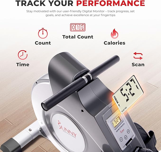 Sunny Health & Fitness Flip & Foldable Rowing Machine for Home w/Extended Slide Rail, Full-Body Workout, Low-Impact, Optional Extra Long Rail, Quiet Rail Cover, Water Motion and Free SunnyFit App-FlexoryFit
