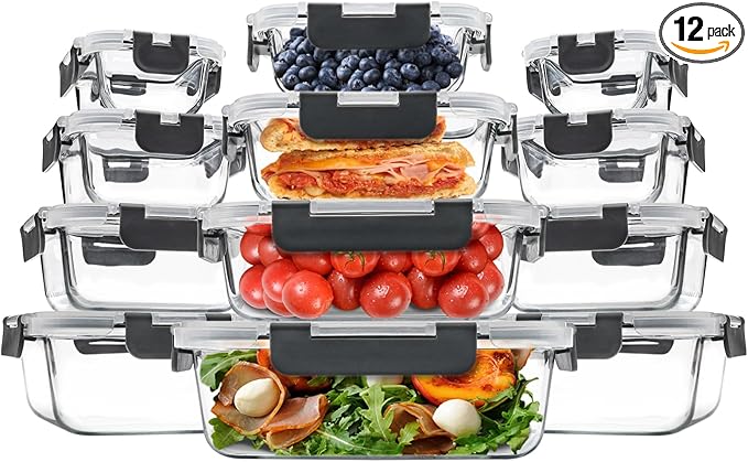 12 Pack Glass Food Storage Containers, Glass Storage Containers with Lids for Meal Prep, Lunch, Airtight, Freezer to Microwave Safe (12 Lids & 12 Containers)-FlexoryFit