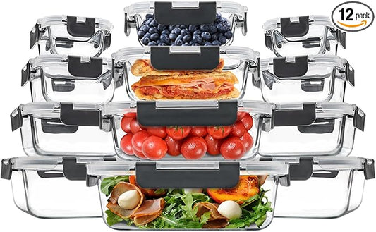 12 Pack Glass Food Storage Containers, Glass Storage Containers with Lids for Meal Prep, Lunch, Airtight, Freezer to Microwave Safe (12 Lids & 12 Containers)-FlexoryFit