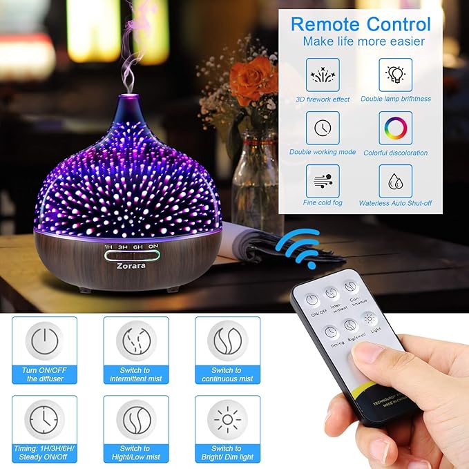 Essential Oil Diffuser 550ml Cool Mist Humidifier 3D Glass Ultrasonic Aromatherapy Humidifier with 7 Color Changing Led Lights, Waterless Auto Shut-Off, Adjustable Timer for Home Bedroom Office