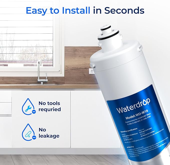 Waterdrop H-300 Under Sink Water Filter, 24000 Gallons, Replacement Cartridge for Everpure H-300, H-300-NXT, 7CB5, EV9270-71, EV9270-72, EV9618-11, EV9855-50, EV9282-01, Pack of 2