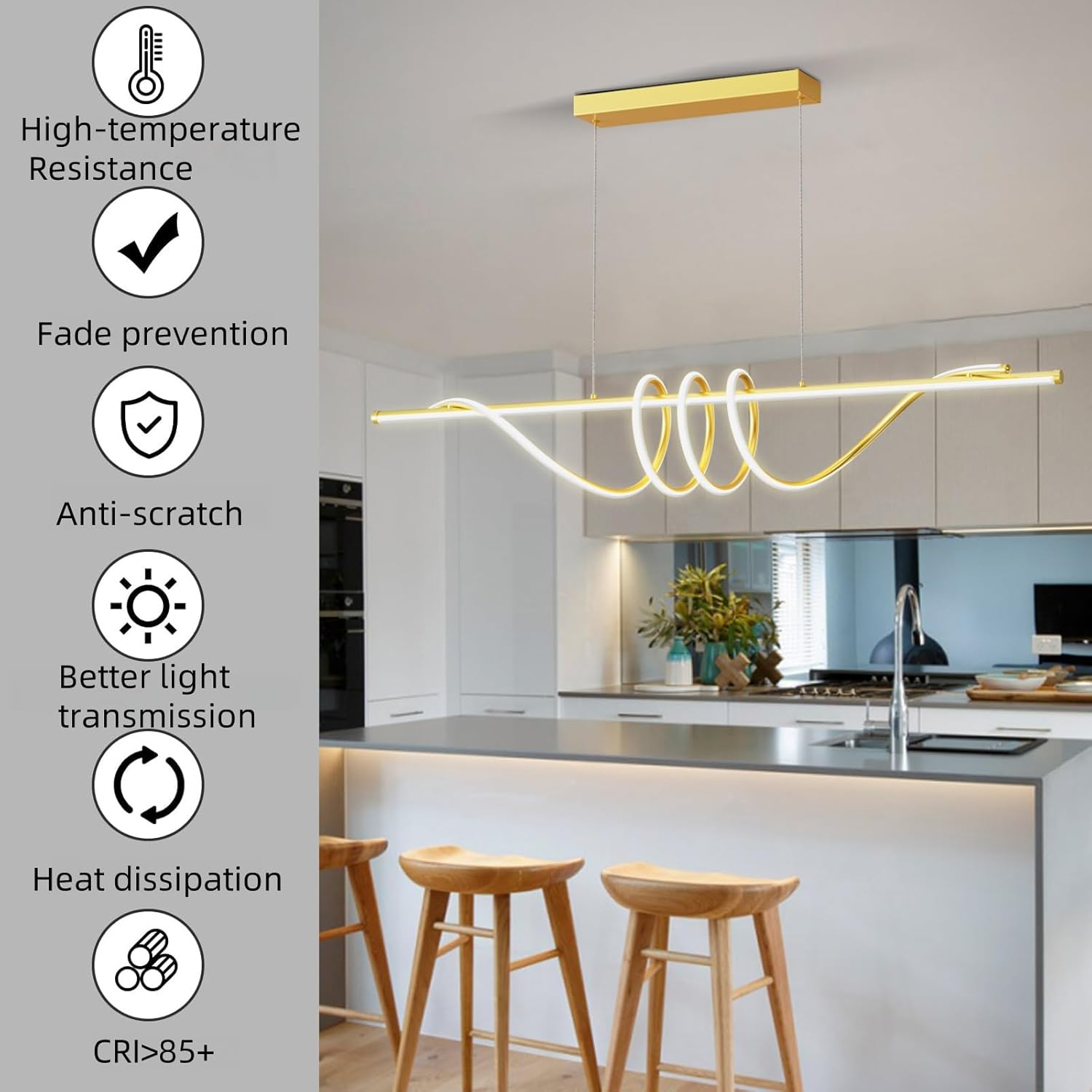 Modern LED Pendant Lights, Ceiling Chandelier Dimmable with Remote Control 3000k-6000K Adjustable Color Temperature, Aluminum Island Lighting Lamp Fixture for Kitchen, Dining Room(57in Gold)