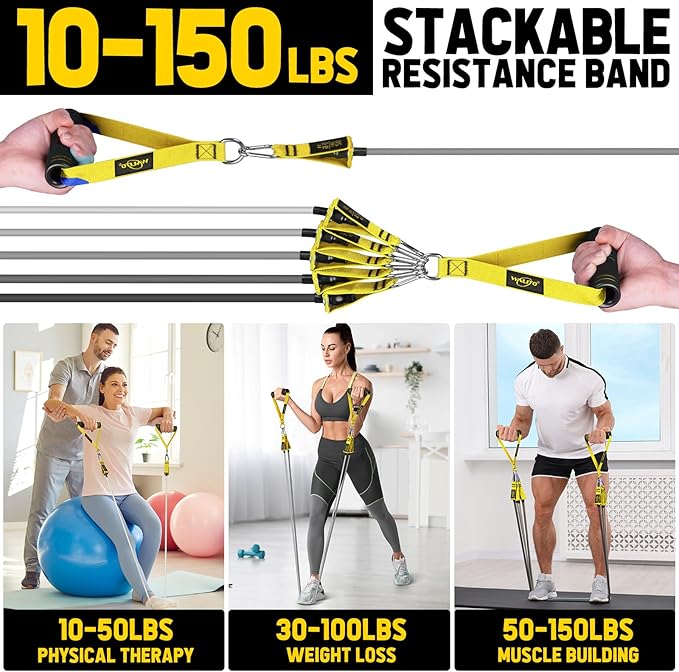 WALITO Resistance Bands Set - Exercise Bands with Handles, Door Anchor, Legs Ankle Straps, for Heavy Resistance Training, Physical Therapy, Muscle Training, Yoga, Home Workouts-FlexoryFit