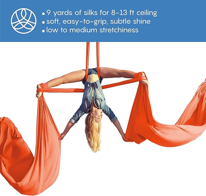 Aerial Silks Starter Kit - Durable 9 Yards of Aerial Yoga Hammock with Hardware & Guide - Aerial Swing for Acrobatic Flying Yoga & All Levels (Aerial Rigging Point Up to 13ft)-FlexoryFit