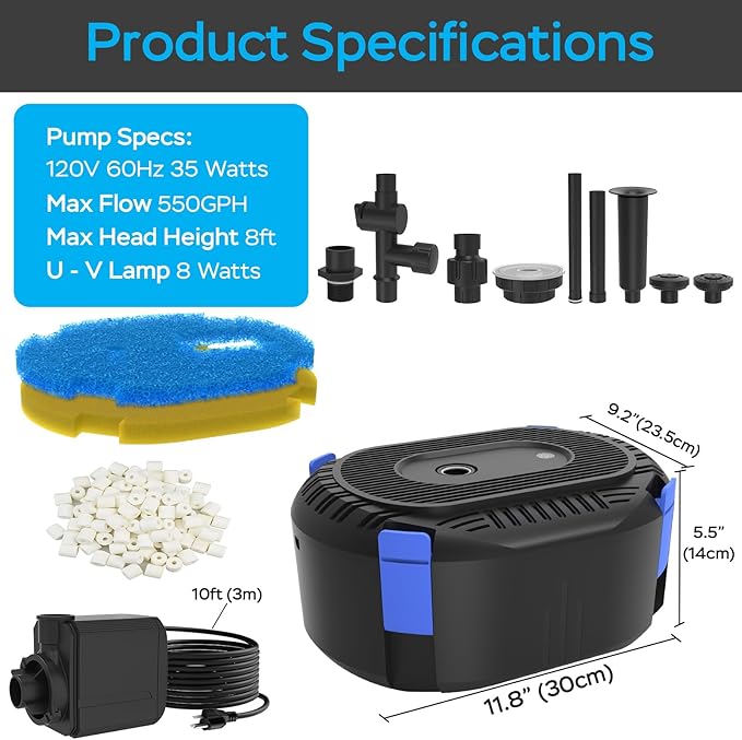 AquaMiracle All-in-One Pond Fountain Kit with Automatic Colorful LED for Outdoor Ponds 200-500 Gal, 550GPH Koi Pond Filter Pump with U - V Light to Tackle Green Water Al-gae, with 3 Spray Patterns