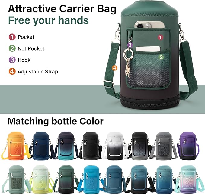 1 Gallon Water Bottle Insulated | Thickened Stainless Steel Vacuum Metal Water Jug | Portable Sports Large for Gym and Hiking with Straw, Carrier Bag, Handle Strap | BPA-Free 128 oz-FlexoryFit