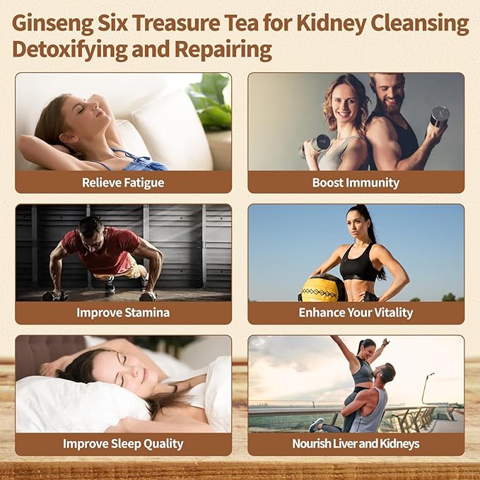 Kidney Tea Formula Ginseng Six Treasure Tea - Natural Chinese Traditional Herbal Ginseng Five Treasures Kidney Detox Cleanse Teabag For Men Women - 30 Bags-FlexoryFit