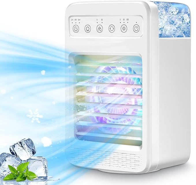 Mini Air Conditioner Fan for Room with Humidifier, Mini Air Cooler with 4 Speeds/Night for Room Office Desk Camping Car, Oscillate Evaporative Air Cooler 603