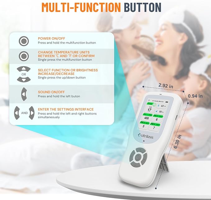 LifeBasis Air Quality Monitor Indoor, 11-in-1 Air Quality Detector with Stand, Air Meter Test AQI, PM1.0, PM2.5, PM10, CO2, TVOC, HCHO, Particles, Temperature and Humidity with Alert -White&Gray
