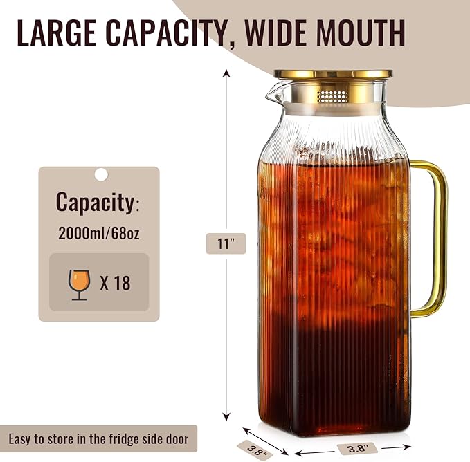 2 Liter/68 oz Square Glass Pitcher with Lid, Classic Stripes Water Pitchers with Handle for Fridge, Large Jug for Iced Tea, Coffee, Borosilicate Glass Carafe for Hot/Cold Brew Drink, Gold