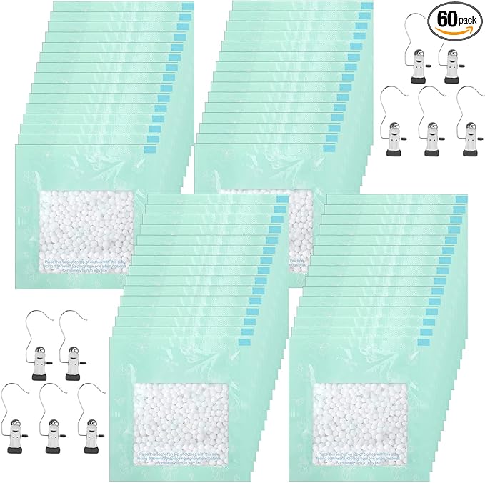60 Pack Moisture Absorbers Dehumidifier Bags for Closet with 10 Pcs Hanging Hooks Clips Humidity Absorbers Deodorizer Unscented Humidity Absorber in Wardrobes for Bedroom Bathroom Kitchen