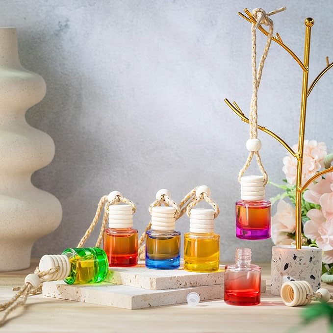 Domensi 30 Pieces Hanging Car Diffuser Air Freshener Bottle Bulk Empty Glass Refillable Perfume Bottles Oil Diffuser Aromatherapy Pendant for Auto Interior Ornaments Decor (Multicolor)