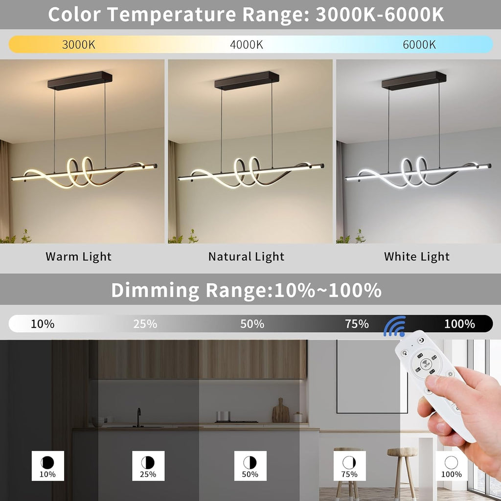 Modern LED Pendant Lights, Ceiling Chandelier Dimmable with Remote Control 3000k-6000K Adjustable Color Temperature, Aluminum Island Lighting Lamp Fixture for Kitchen, Dining Room(47in Black)