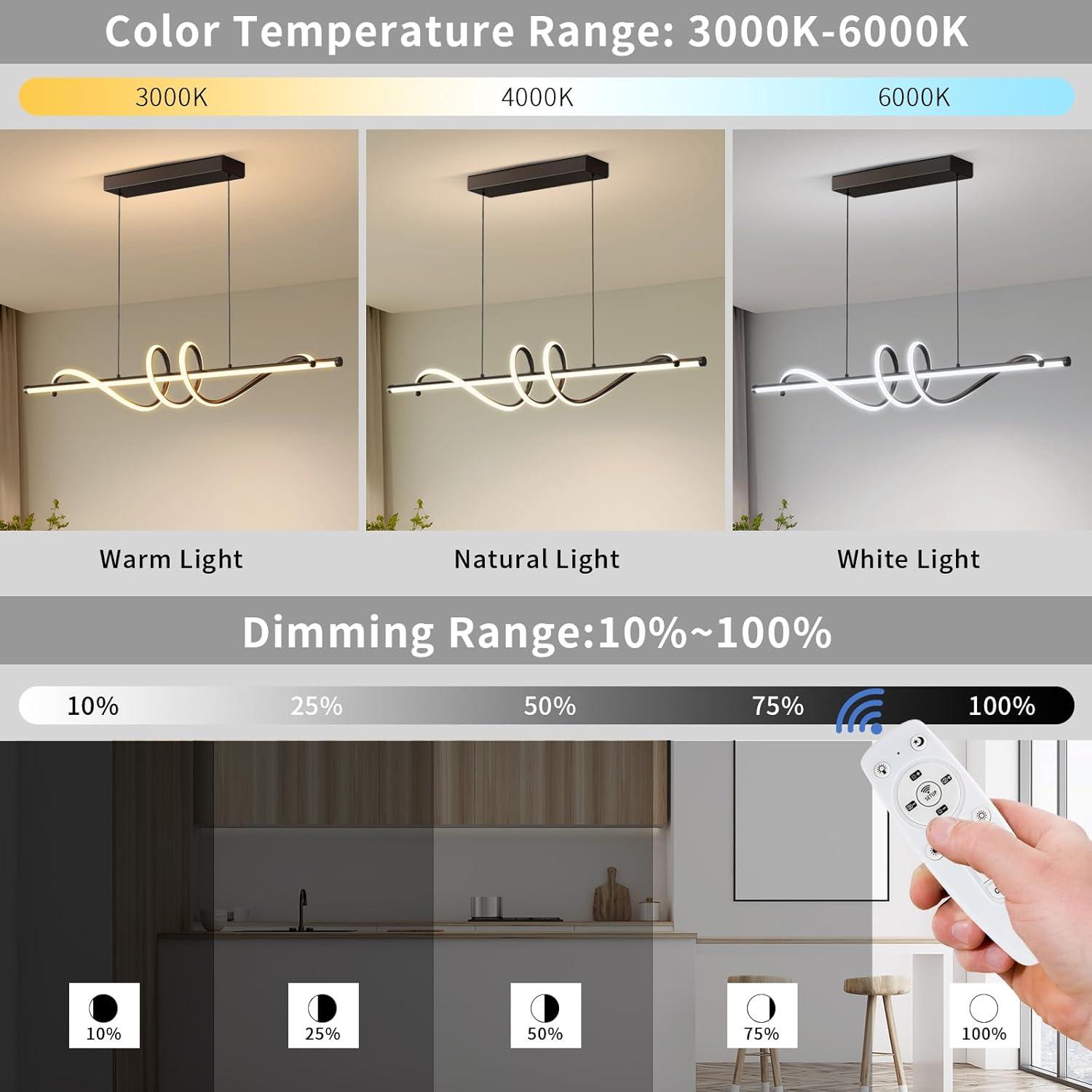 Modern LED Pendant Lights, Ceiling Chandelier Dimmable with Remote Control 3000k-6000K Adjustable Color Temperature, Aluminum Island Lighting Lamp Fixture for Kitchen, Dining Room(47in Black)
