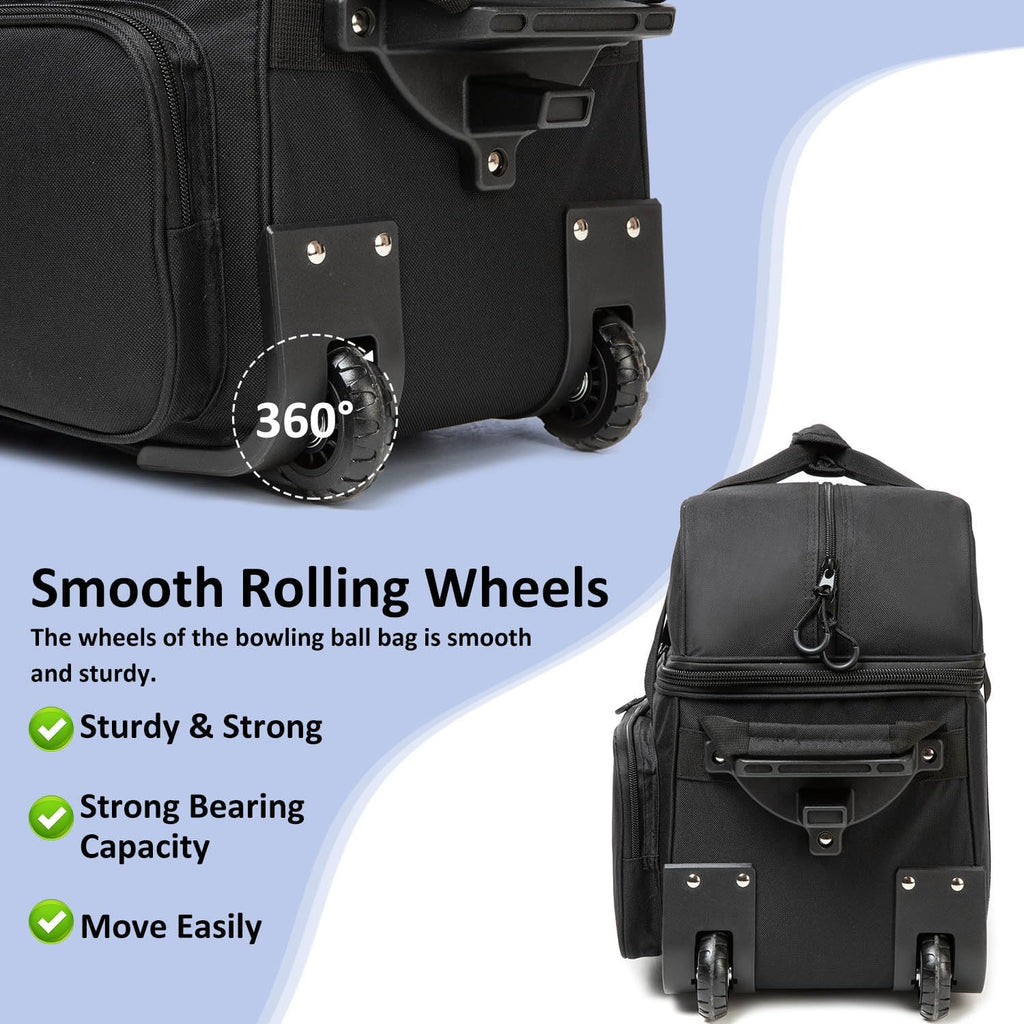 Bowling Bag with Wheels Double Roller 2 Ball Bowling Separate Shoe Compartment and Oversized Accessory Pocket, 36.6" Extendable Handle.