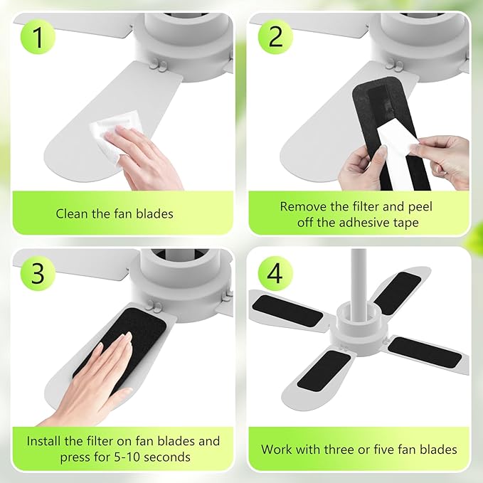 5 Pack Ceiling Fan Filters for Blades, Activated Coconut Carbon Fan Filter for Ceiling Fan, Easy-Stick Universal Air Filter for Common Household Contaminants