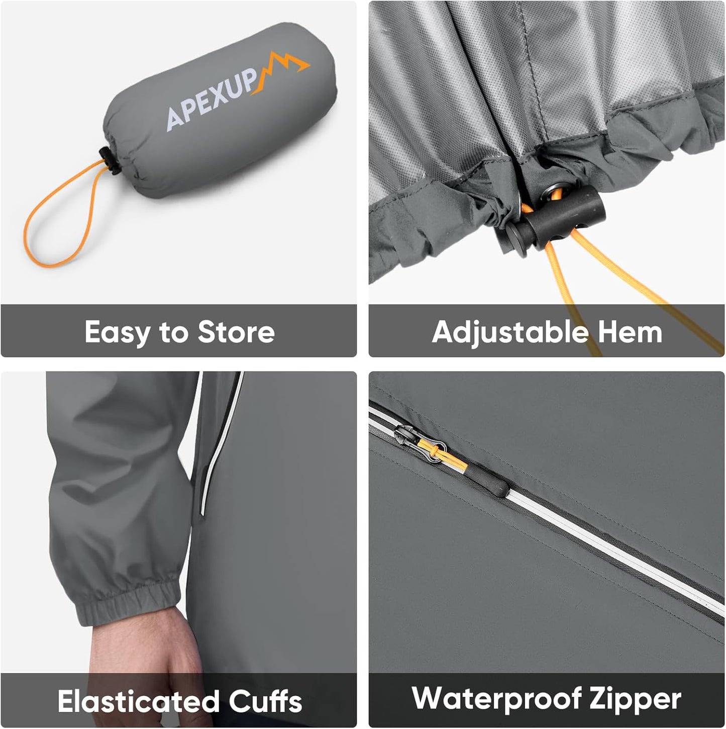 APEXUP Packable Rain Jacket Men with Reflective Zipper, Lightweight Waterproof Raincoat, Mens Rain Jacket for Outdoor Sports
