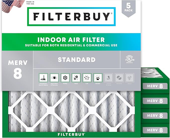 Filterbuy 16x16x2 Air Filter MERV 8 (MPR 700) Dust Defense Replacement (5-Pack), Electrostatic Pleated HVAC AC Furnace Filters, Made in USA (Actual Size: 15.50 x 15.50 x 1.75)