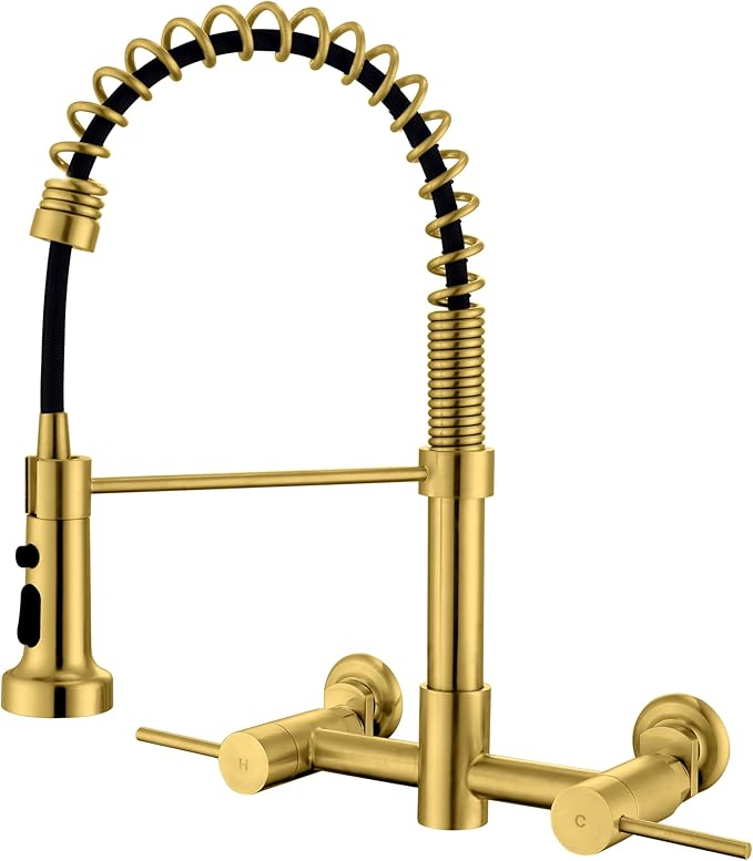Wall Mount Kitchen Faucet, 8 Inch Center Wall Mount Kitchen Sink Faucet with Pull Down Sprayer, Commercial Brushed Gold