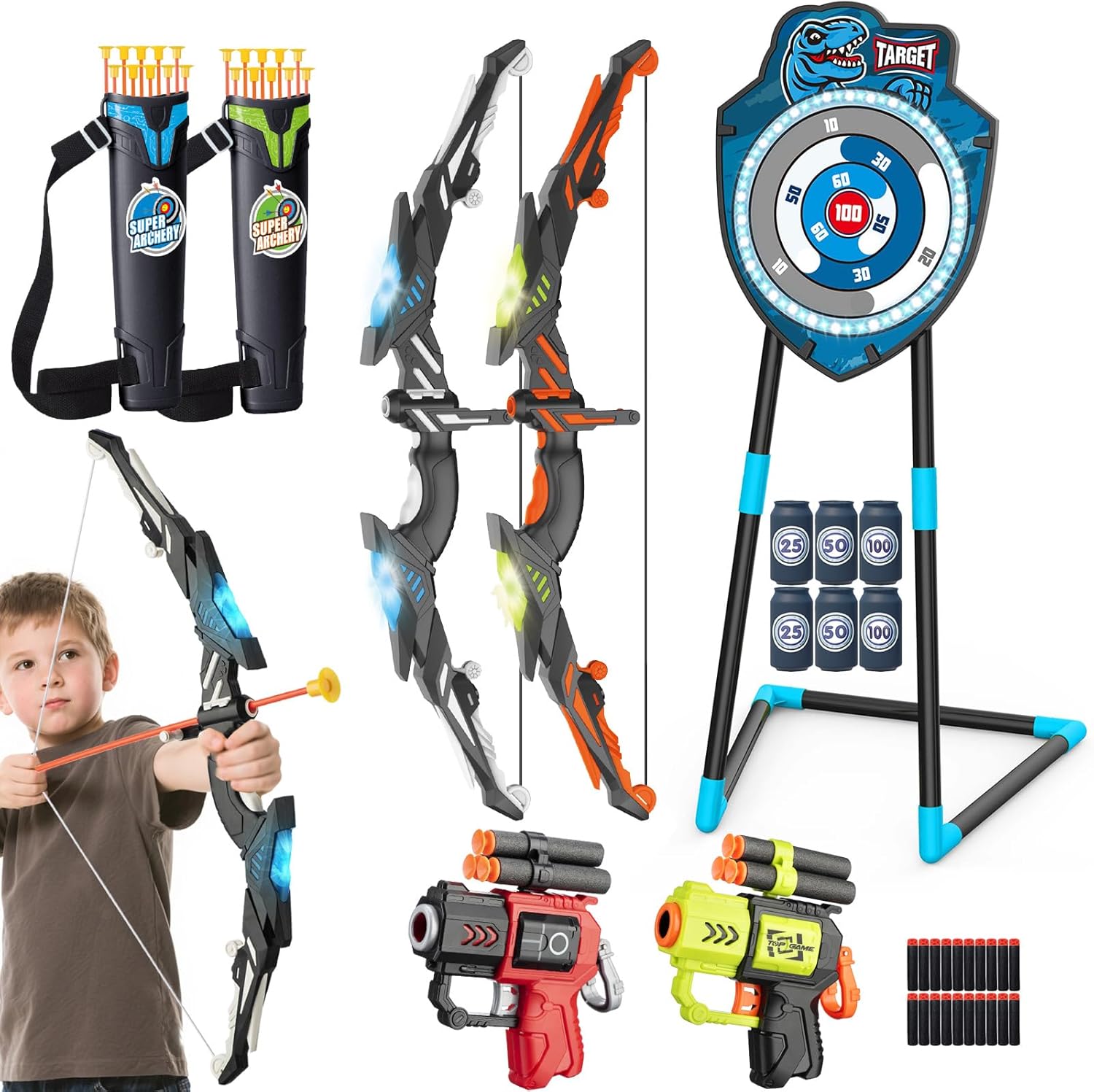 LED Standing Target Archery Set with Bow & Arrows for Kids 4-12 Years Old, Outdoor Sports Toy Gift for Boys & Girls