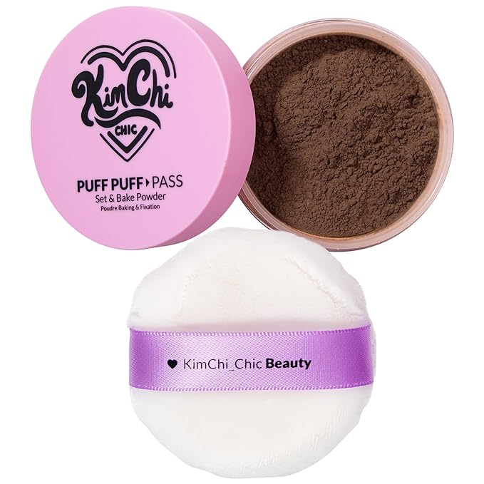 Kimchi Chic Beauty Puff Puff Pass Set and Bake Setting Powder for Makeup, Extra Fluffy Loose Face Powder Poof, Soft Natural Face Makeup for Uneven Skin Tone, 08 Chocolate-FlexoryFit