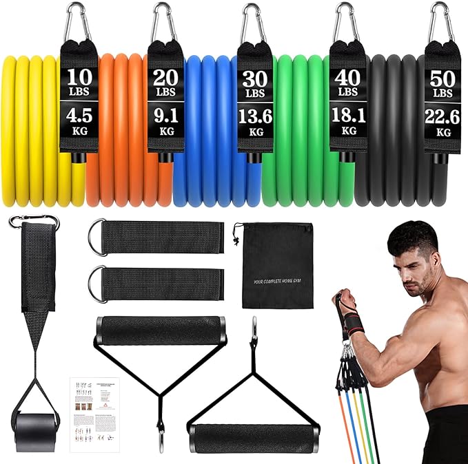 Resistance Bands Set, Himaly Exercise Bands Strength Training Fitness Bands Workout Elastic Bands with Legs Ankle Straps, Door Anchor, Handles & Carry Bag for Home Outdoor Workouts-FlexoryFit