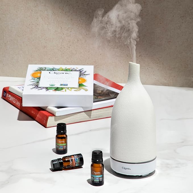 Cliganic Ceramic Aromatherapy Diffuser for Essential Oils (White) - 7 Color Lights, Cool Mist, Auto Shut Off for Home & Office