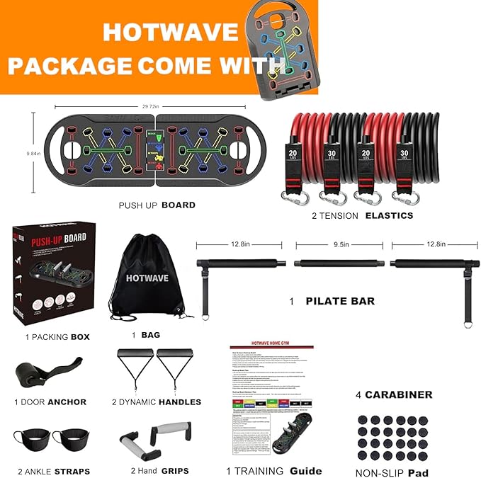 HOTWAVE Portable Exercise Equipment with 16 Gym Accessories.20 in 1 Push Up Board Fitness,Resistance Bands with Ab Roller Wheel,Full Body Workout at Home-FlexoryFit