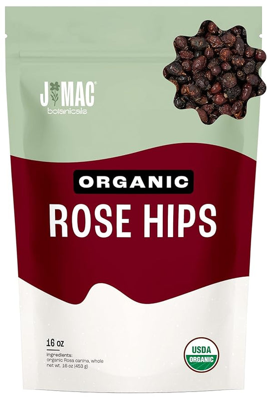 J MAC BOTANICALS Organic Rose Hips (1 Lb Bag) Whole, natural organic dried rose hips for herbal tea, rosehips dried organic, rosehip tea, packaged in the USA-FlexoryFit