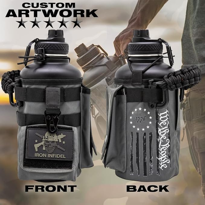Iron Infidel Battle Bottle - Half Gallon Water Bottle Insulated, 64 oz Stainless Steel Water Jug with Paracord Handle - Gym Flask for Men with Rugged Sleeve for Storage (Betsy Ross 2 Liter)-FlexoryFit