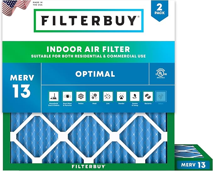 Filterbuy 13.25x13.25x1 Air Filter MERV 13 (MPR 1900) Health Defense Replacement (2-Pack), Electrostatic Pleated HVAC AC Furnace Filters, Made in USA (Actual Size: 13.25 x 13.25 x 0.75)