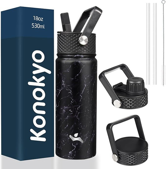 18 oz Insulated Water Bottle Stainless Steel Sport Bottles with 3 Lids,Marble Midnight-FlexoryFit