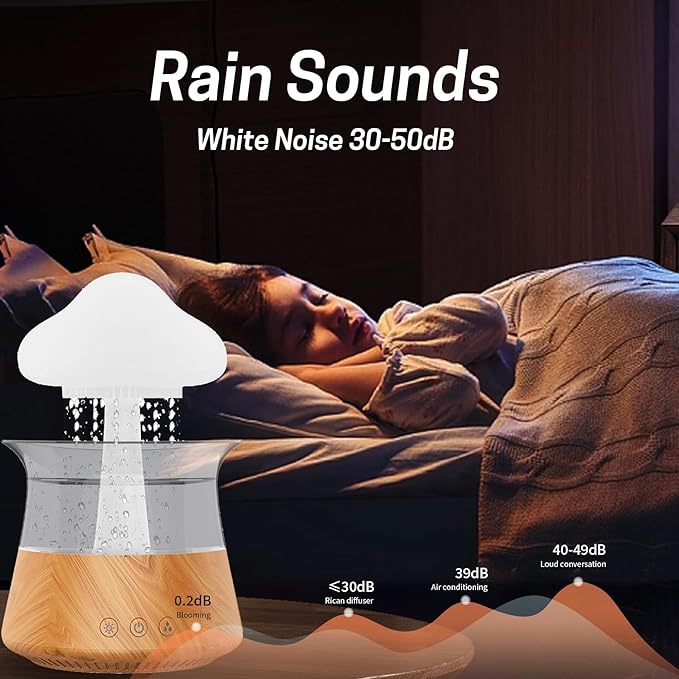 Rain Water Drop Humidifier - Mushroom Cloud Lamp Humidifier, Essential Oil Diffusers, 300ml White Noise Aromatherapy Diffusers with 7 Colors Cloud Lights for Home, Large Room, Office - Wood Grain
